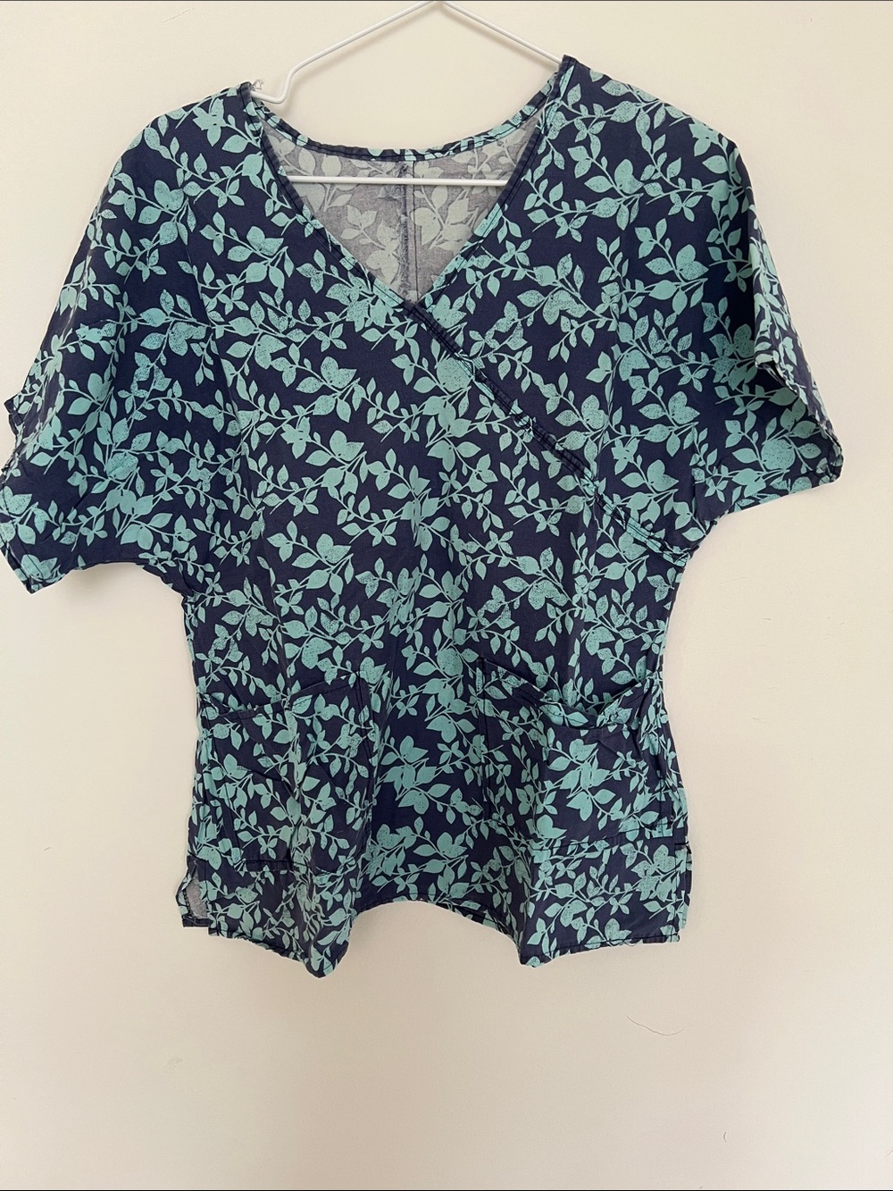 Women’s Navy Wrap Top with Teal Leaf Print